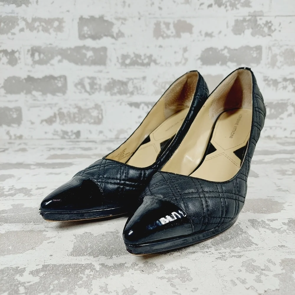 Adrienne Vittadini Jantine Black Quilted Leather Patent Cap Toe Heels E463